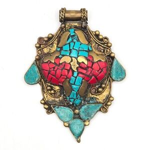 Vintage Nepalese Brass Turquoise Coral Mosaic Pendant, 1980s Tribal Style